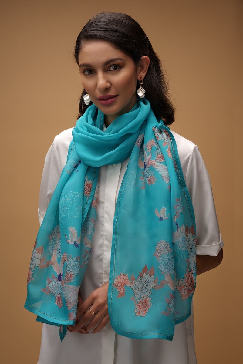 Flying Cranes blue Stole from Birds of Paradise, Scarves & Stoles Collection