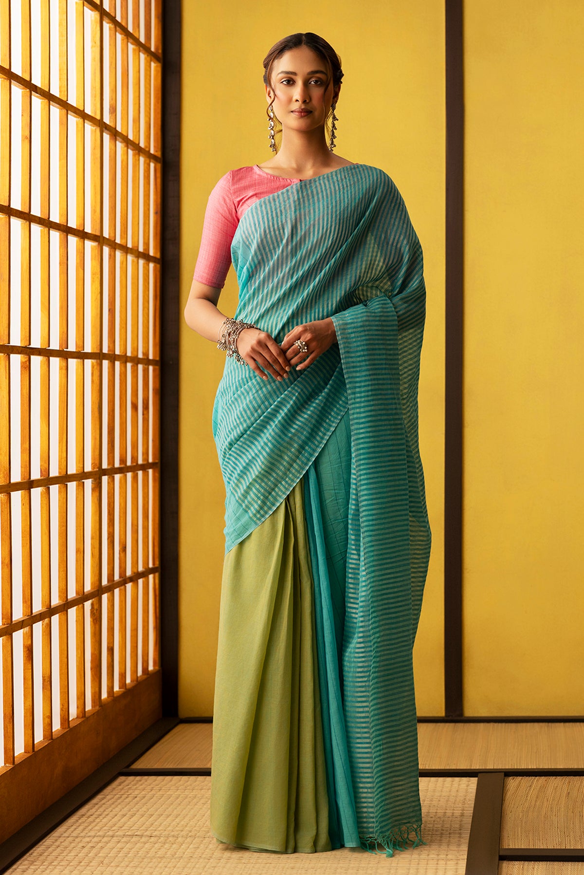Mogra-Blue with Green Half and Half Cotton Saree