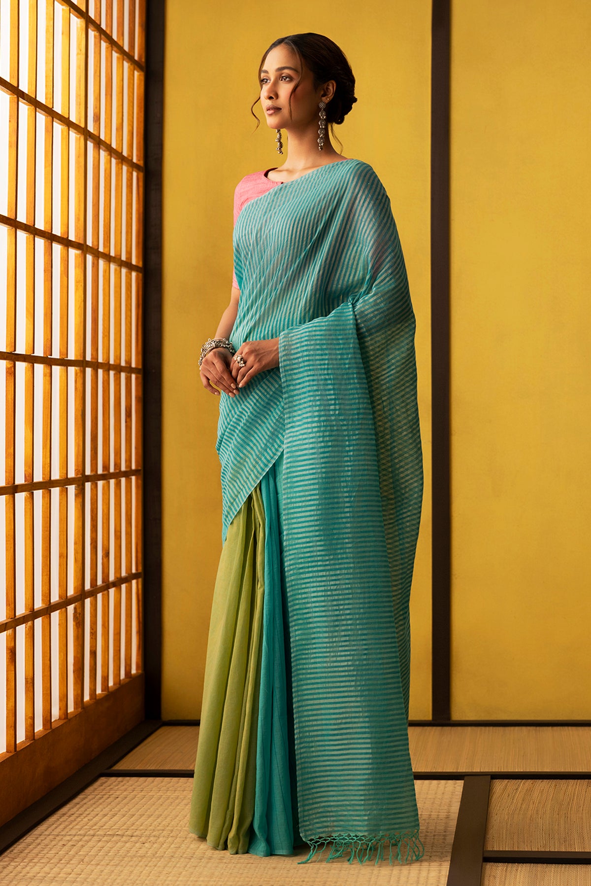 Mogra-Blue with Green Half and Half Cotton Saree