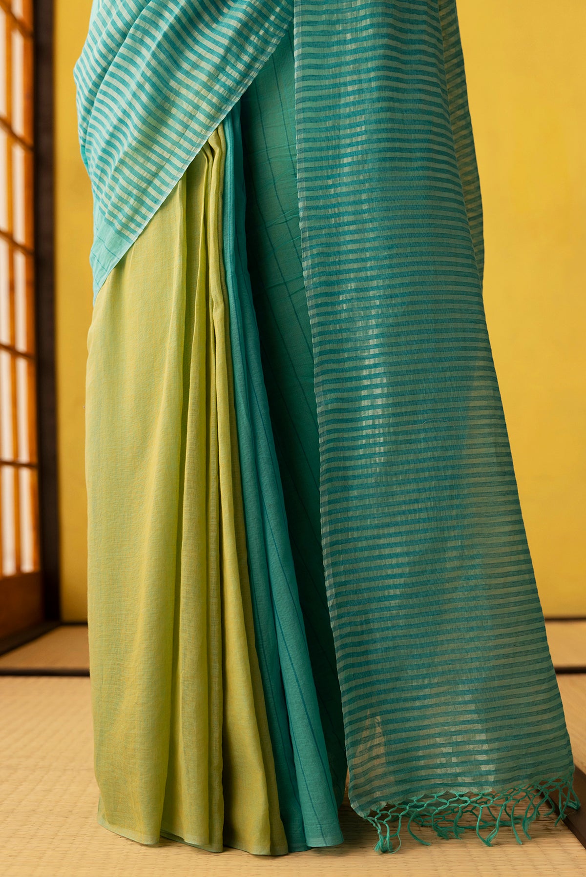 Mogra-Blue with Green Half and Half Cotton Saree