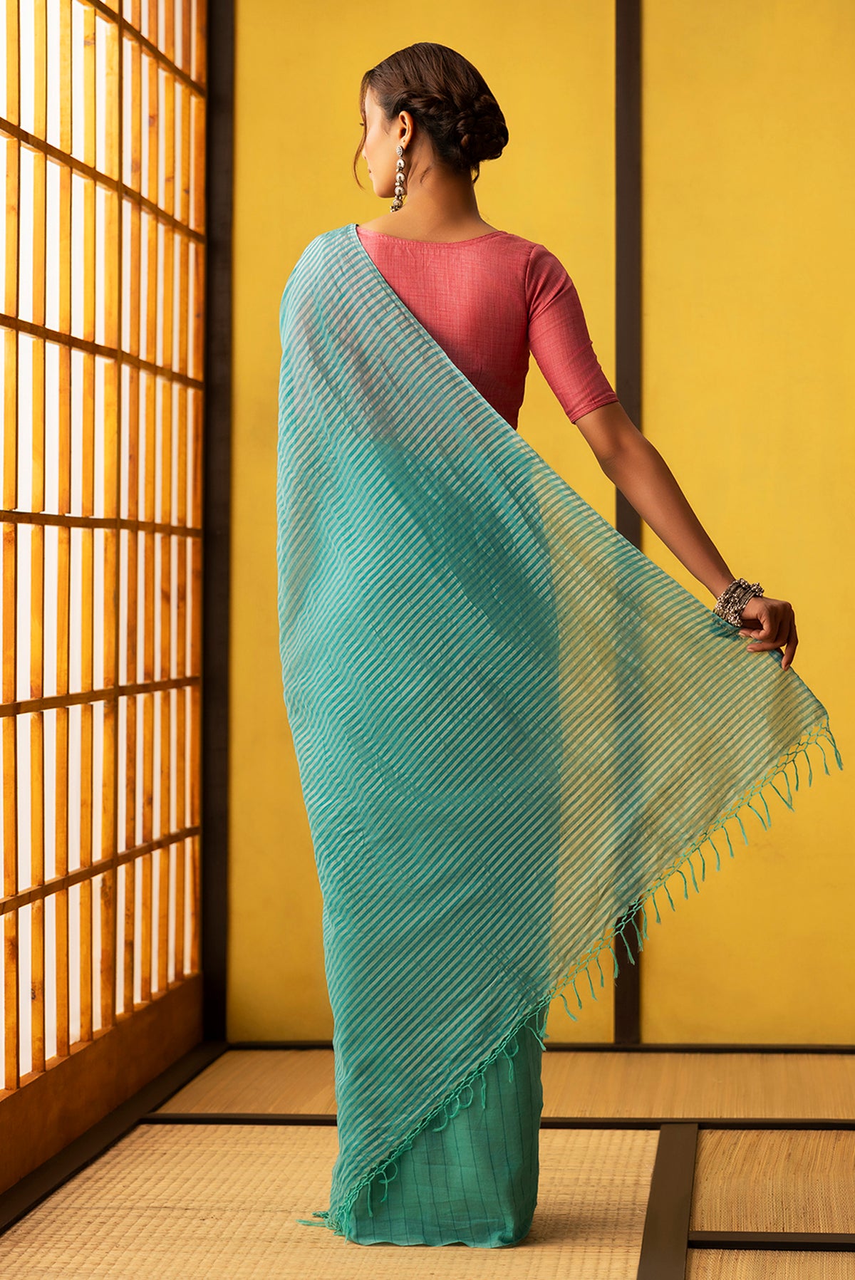 Mogra-Blue with Green Half and Half Cotton Saree