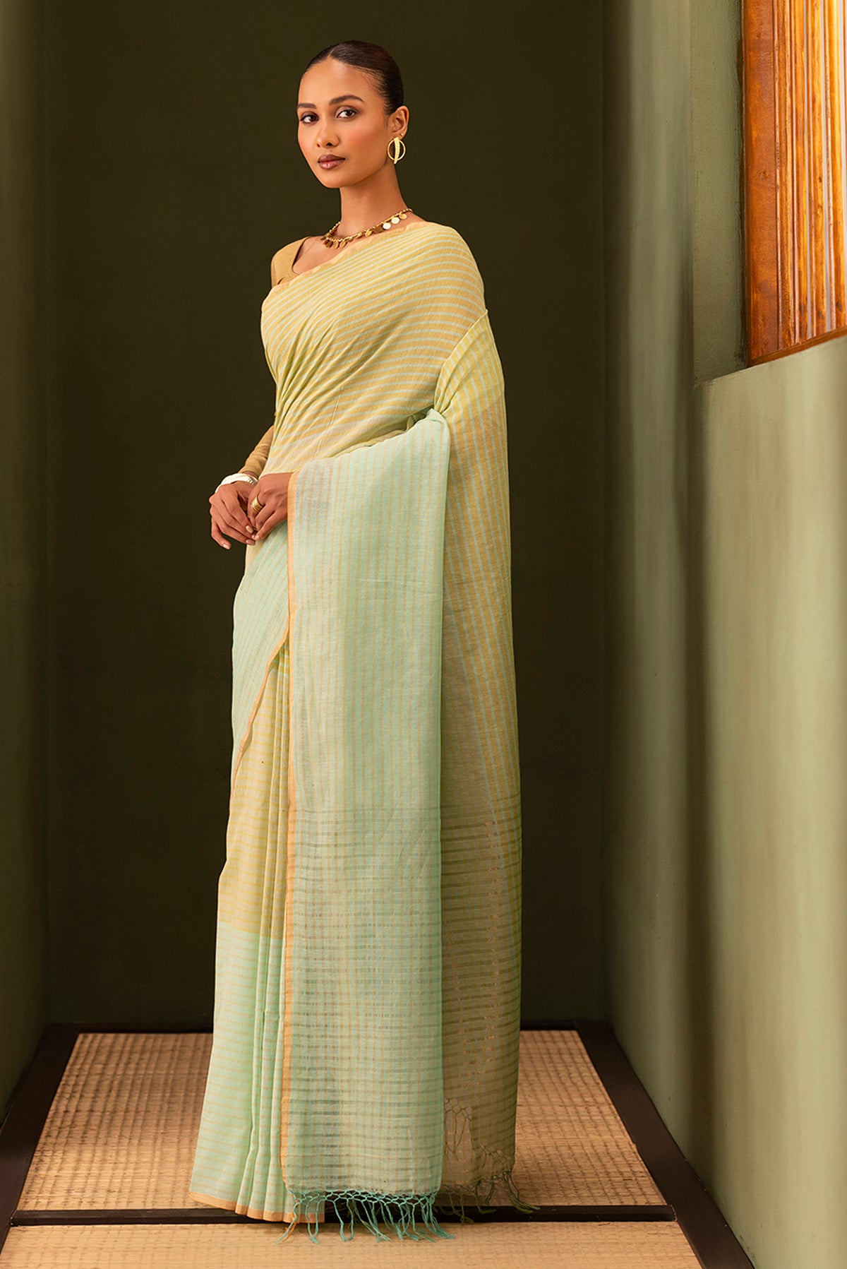 Fiza-Pista Green Cotton Saree