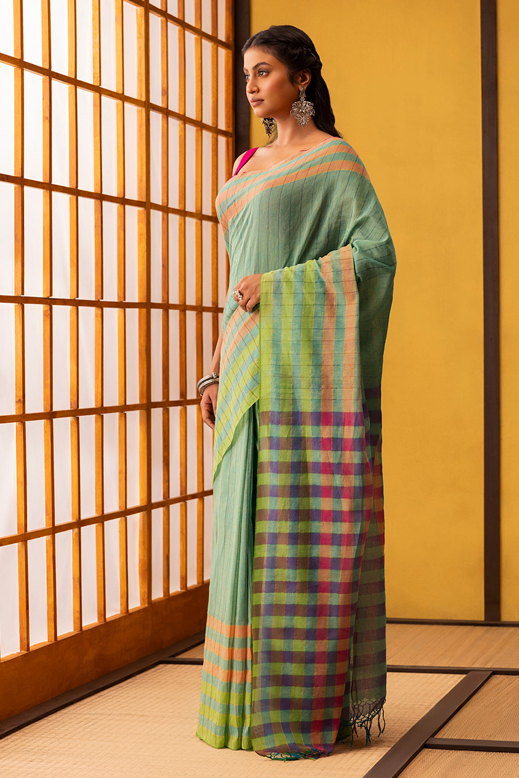 Kuhu-Mint Green Cotton Saree
