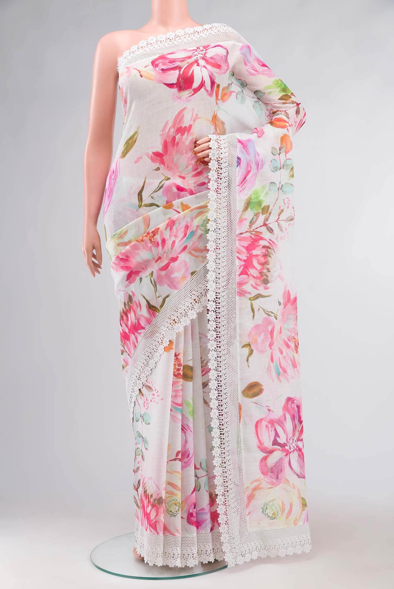 Off White Linen Cotton Saree