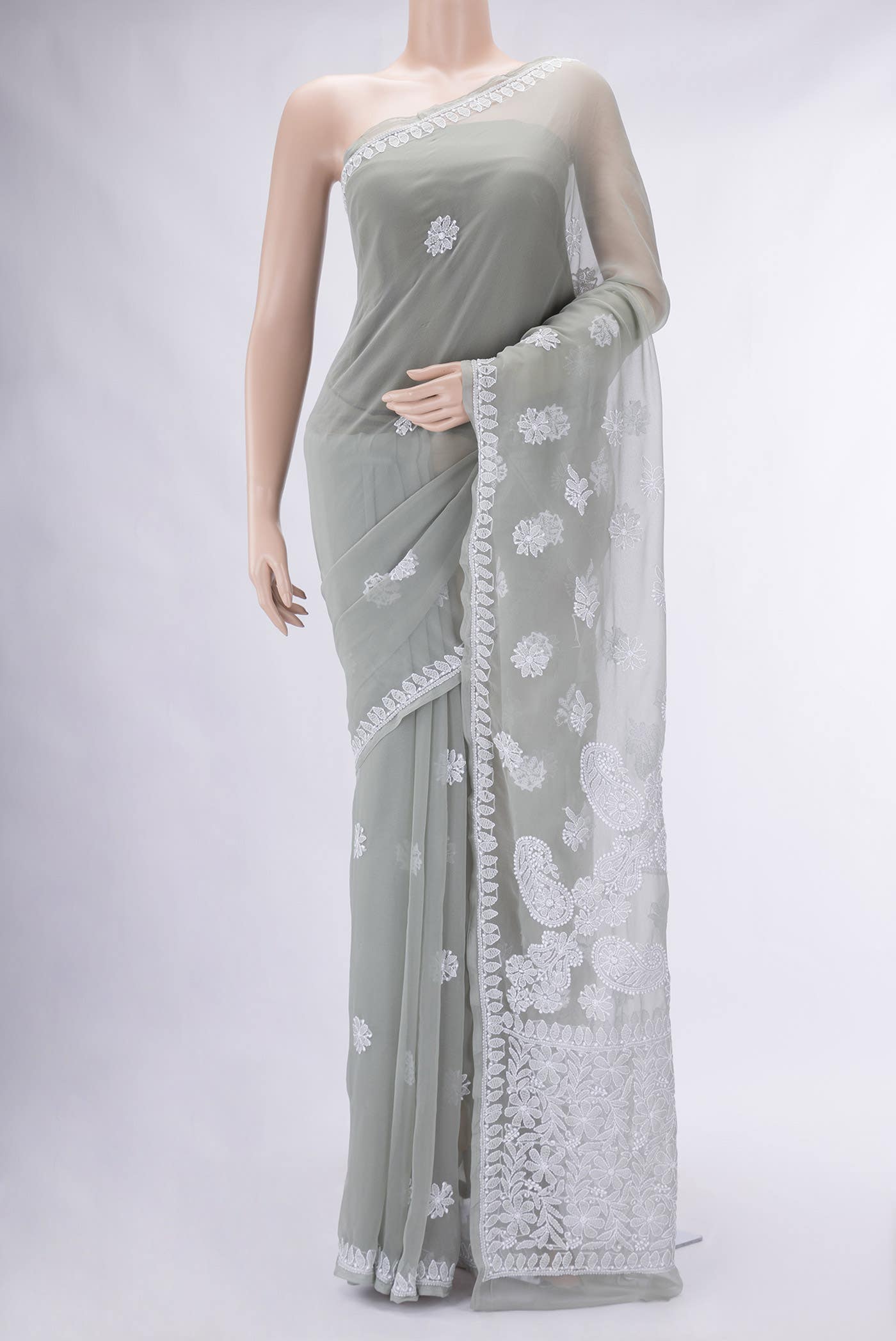 Davys Grey Blended Georgette Saree