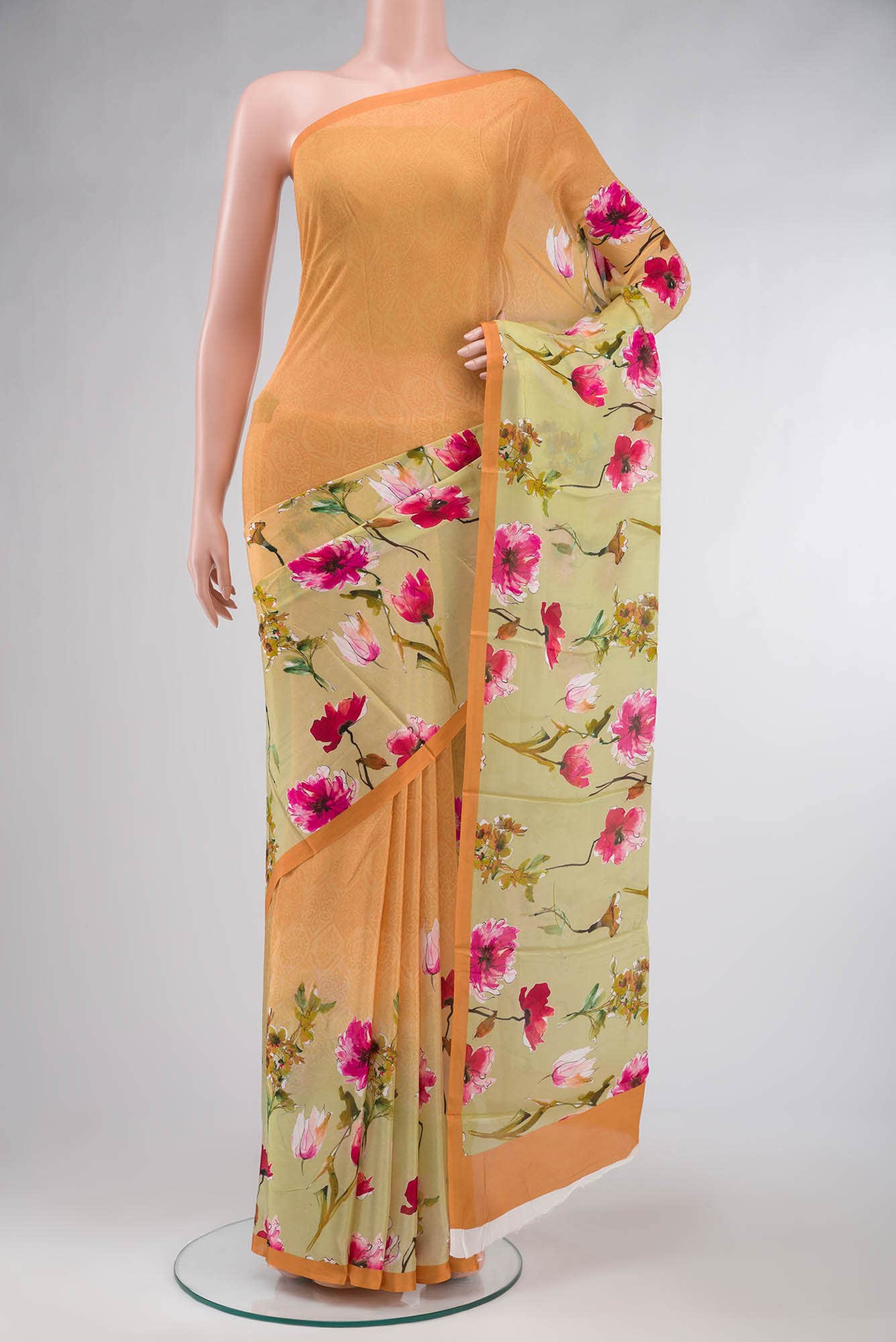 Yellow Blended Viscose Crepe Saree