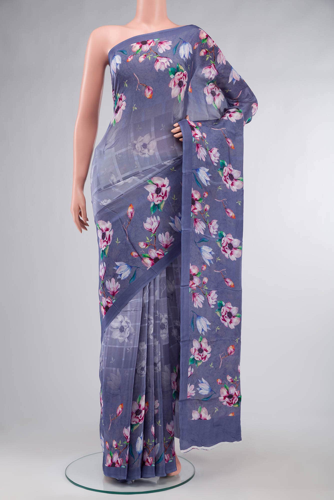 Blue Blended Viscose Crepe Saree