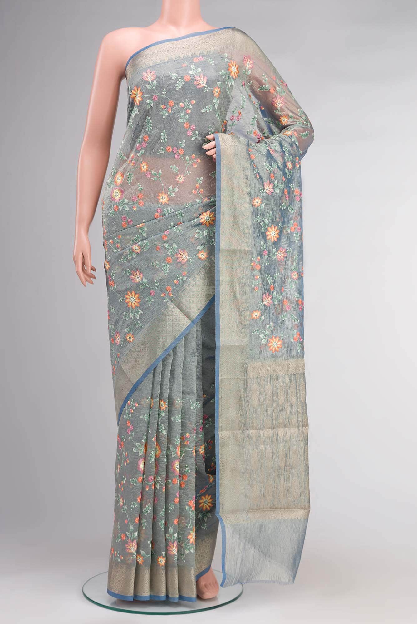 Blue Banarasi Kora Silk Saree