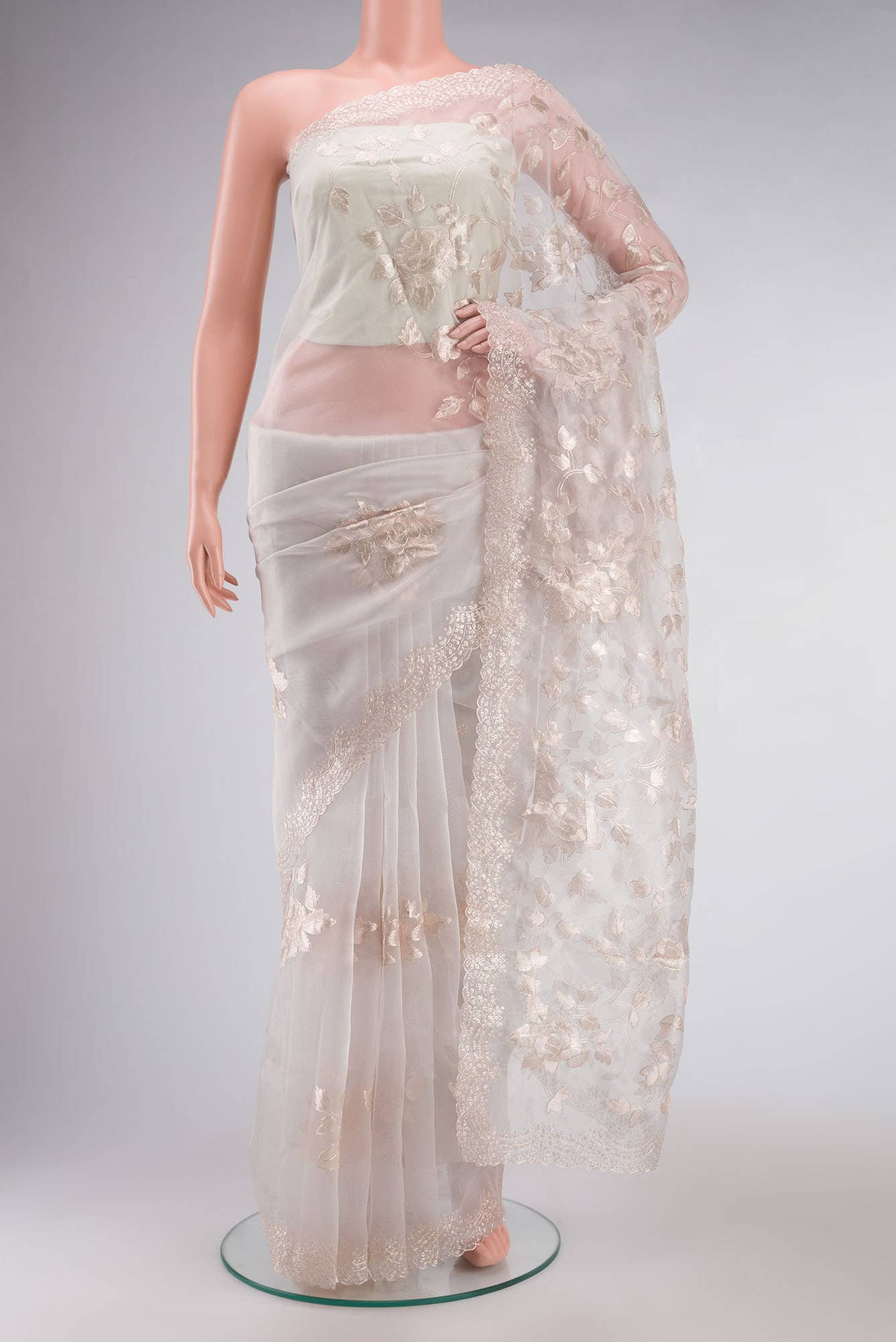 Cream Organza Silk Saree
