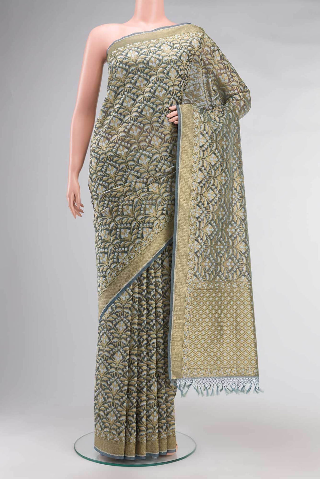 Grey Banarasi Kora Silk Saree