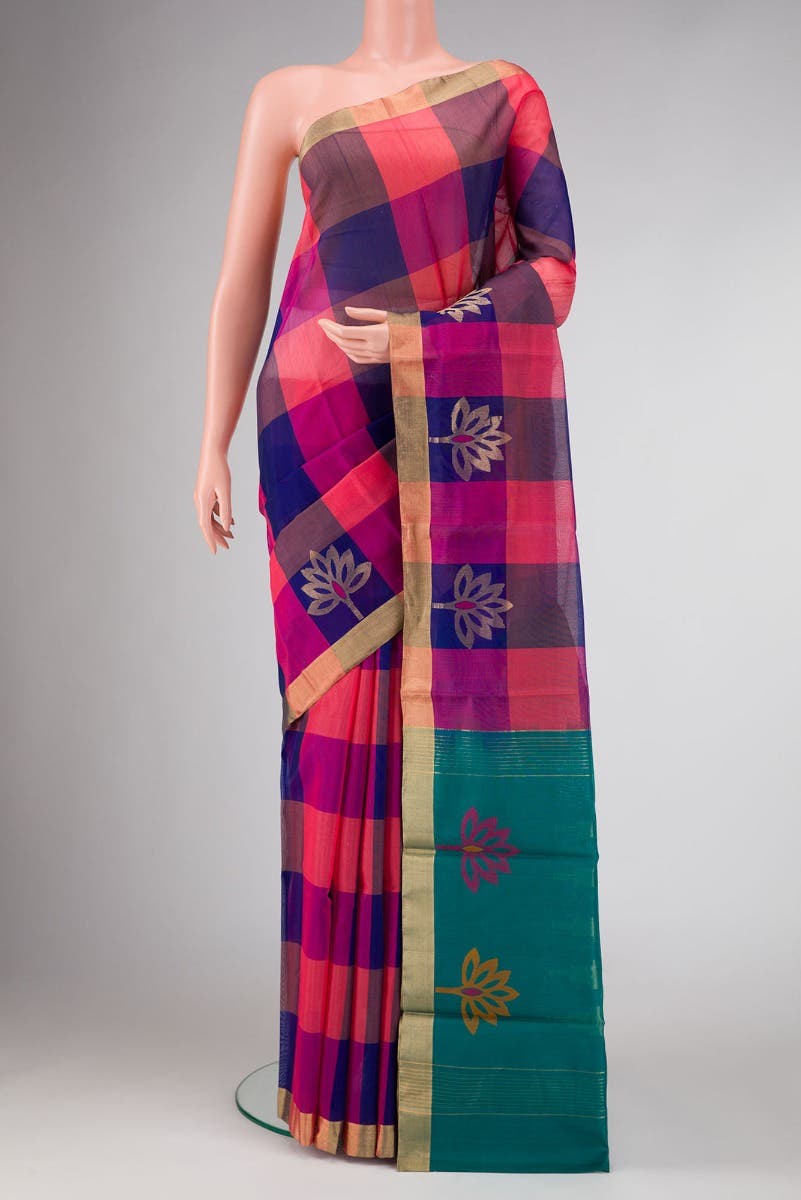 Pink Peach and Royal Blue Dual Tone Silk Cotton Saree