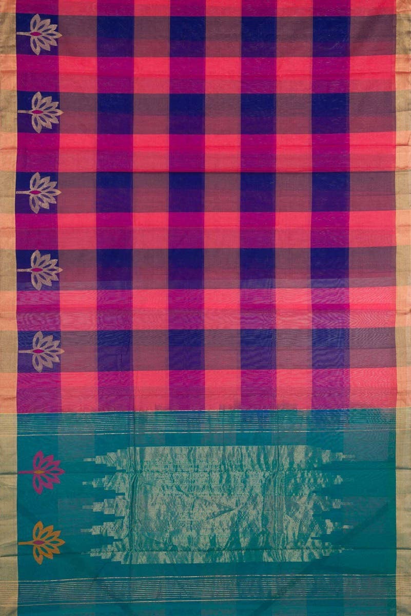 Pink Peach and Royal Blue Dual Tone Silk Cotton Saree