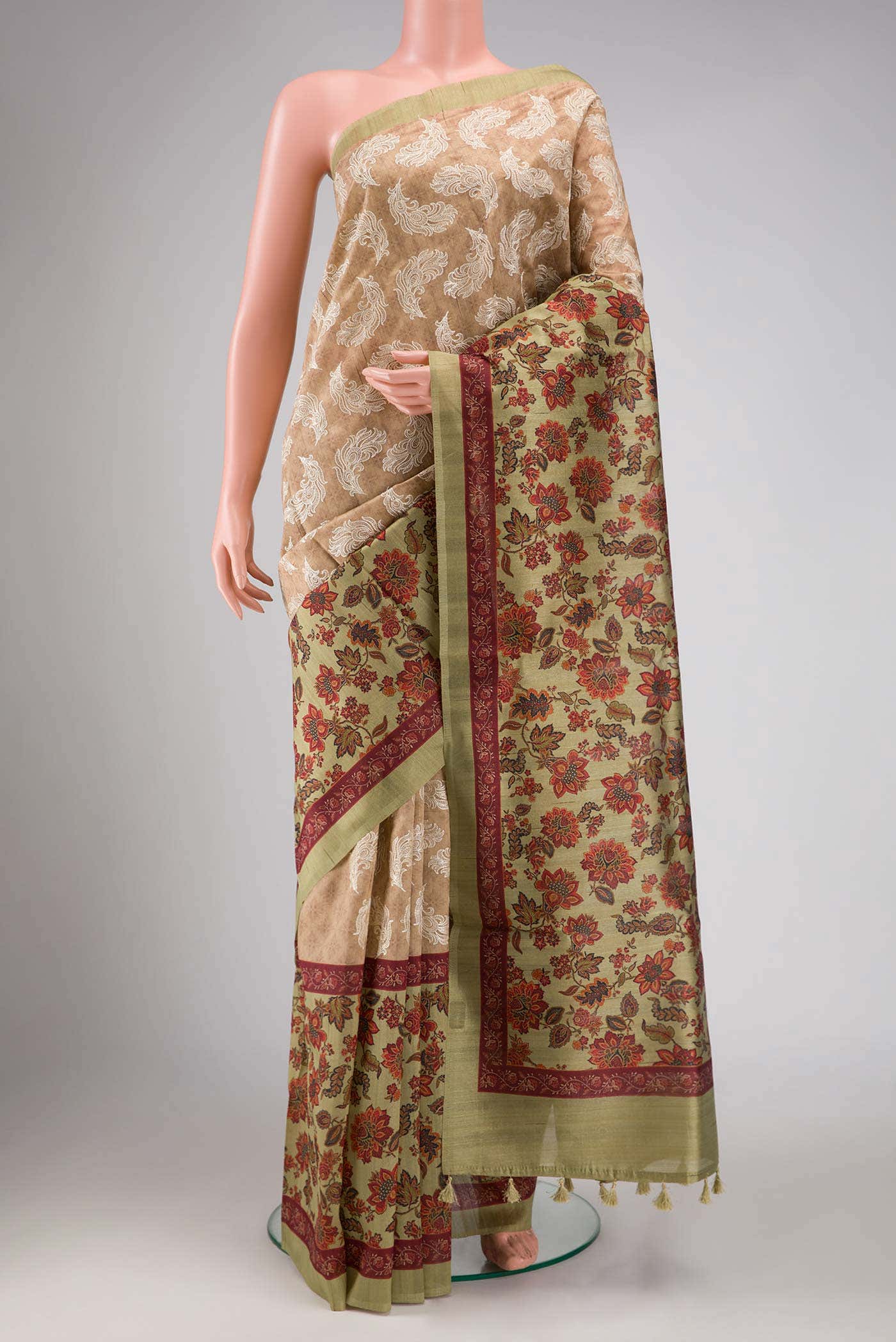 Beige Blended Raw Silk Saree