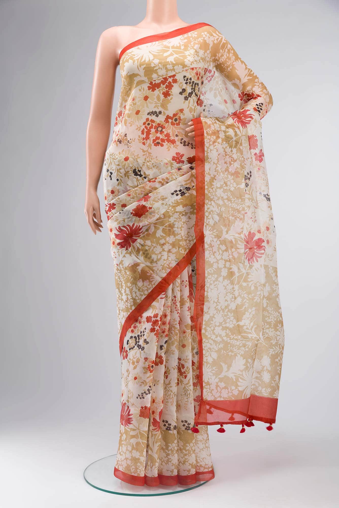 Cream Organza Silk Saree