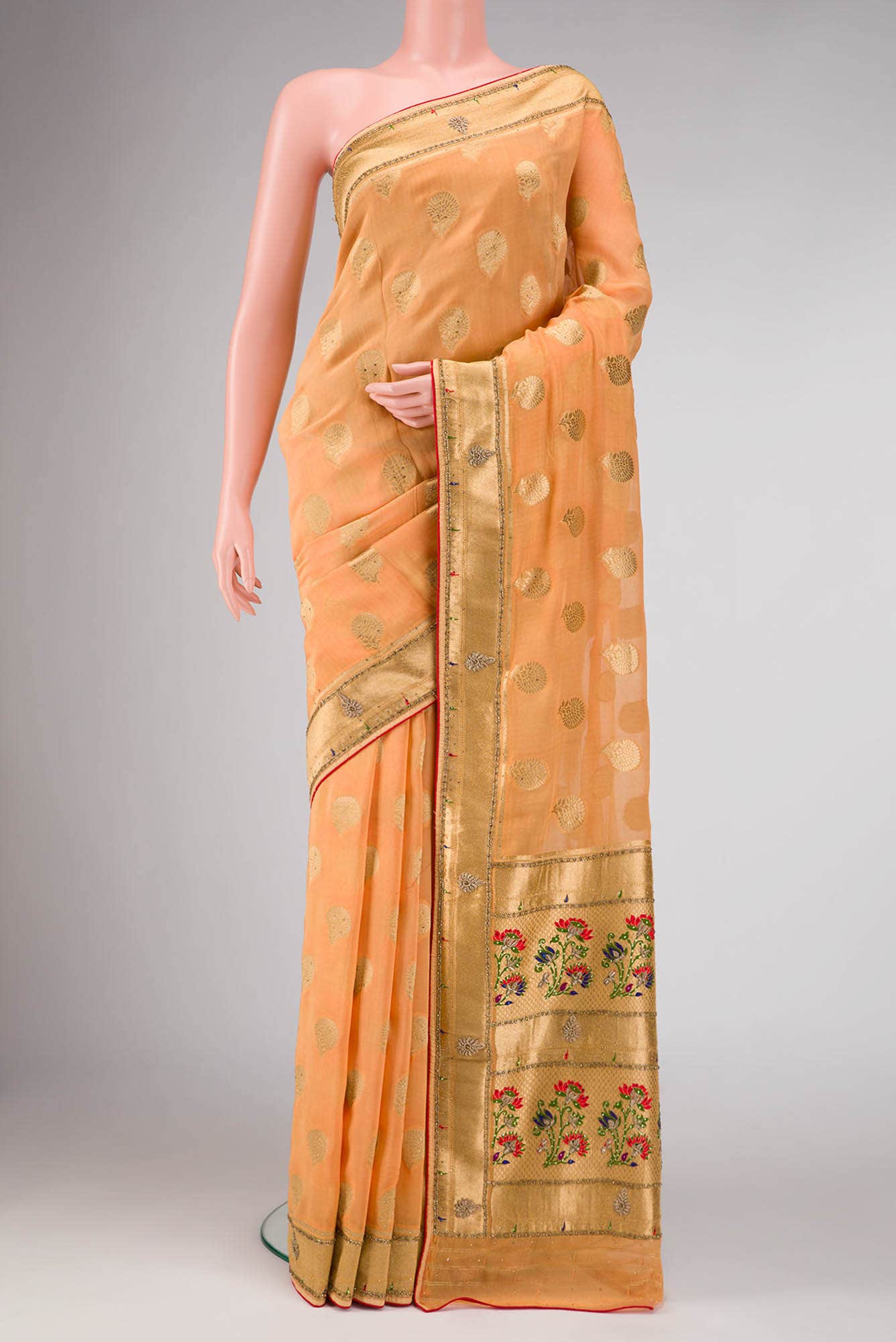 Golden Peach Dual Tone Banarasi Georgette Saree