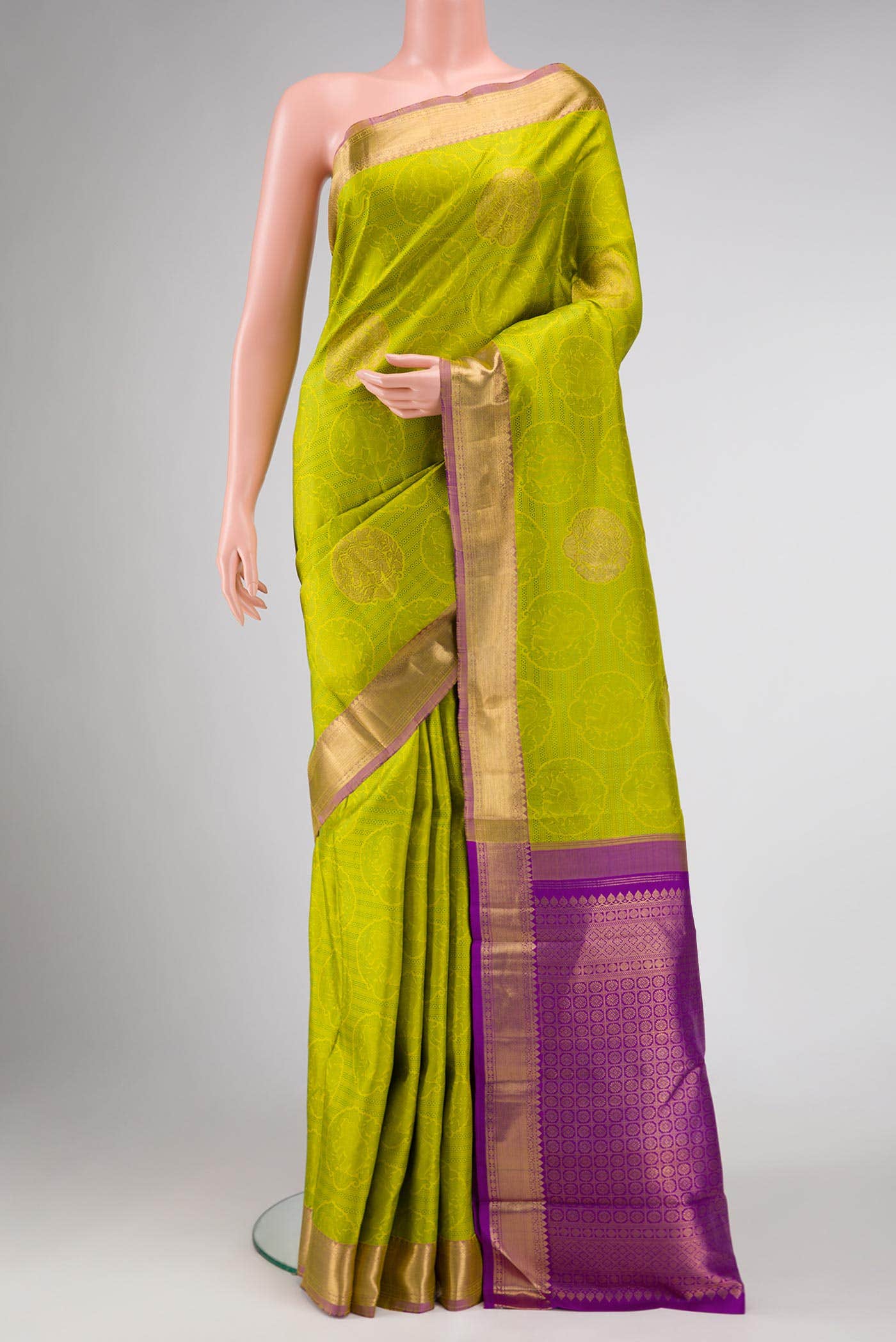 Pure Silk Pure Zari Parrot Green Dual Tone Kanchipuram Saree