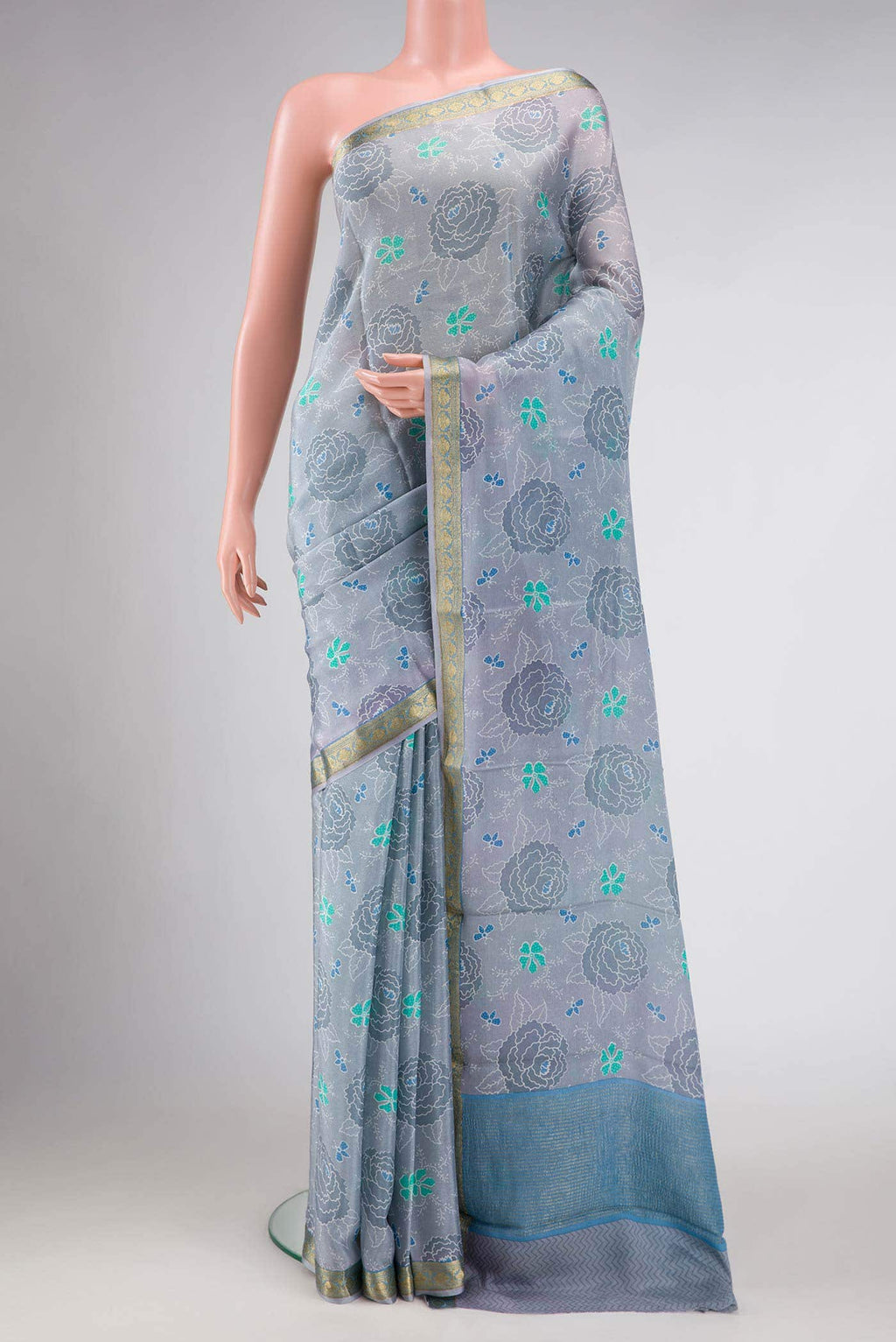Grey Mysore Crepe Saree