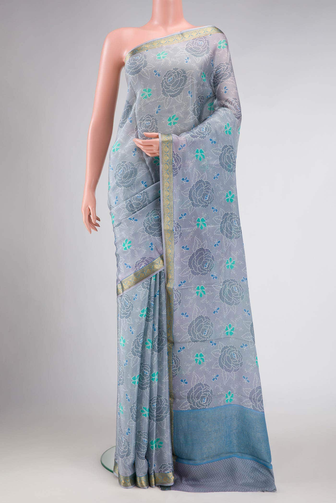 Grey Mysore Crepe Saree
