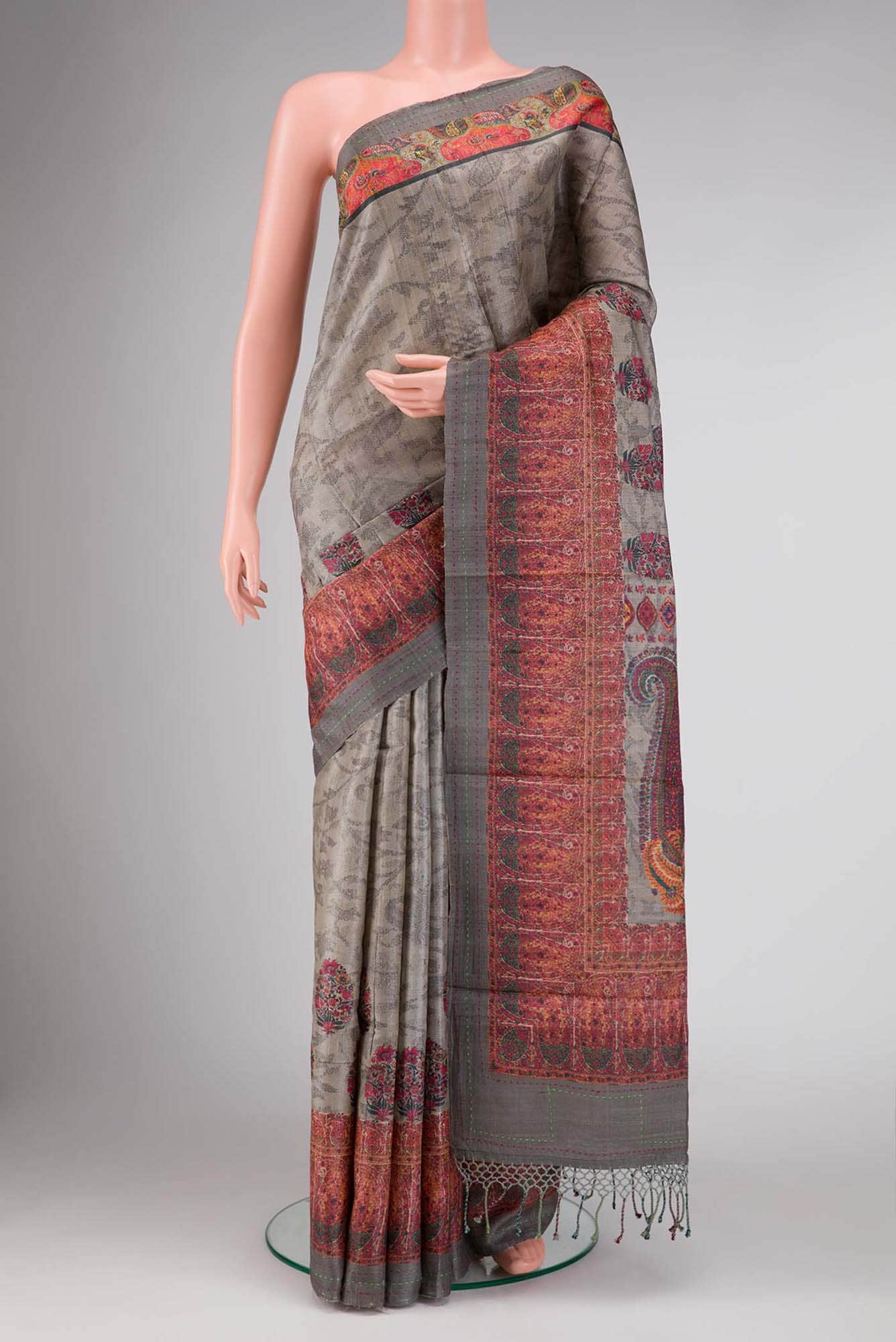 Grey Dual Tone Tussar Silk Saree