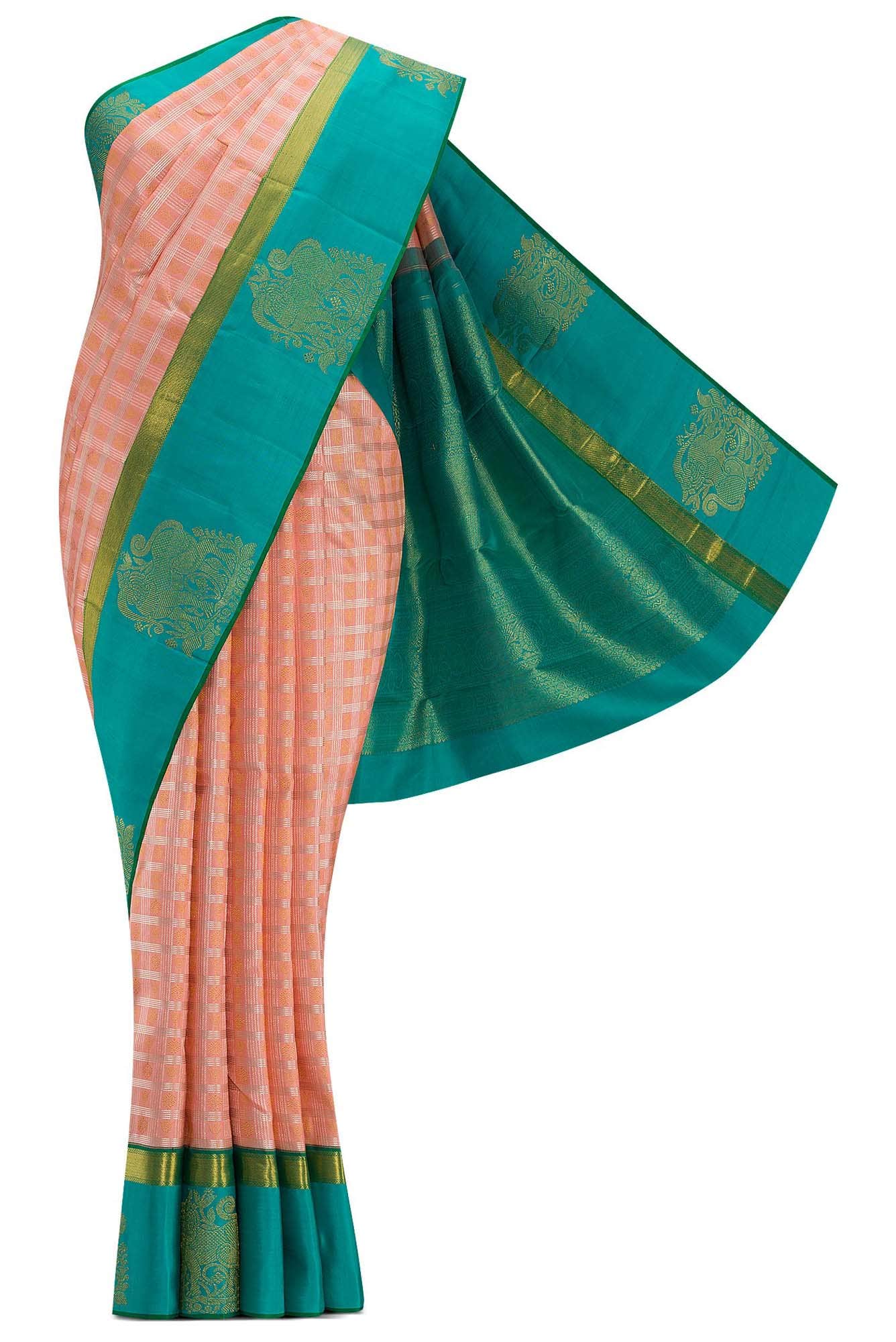Pure Silk Pure Zari Peach Dual Tone Kanchipuram Saree
