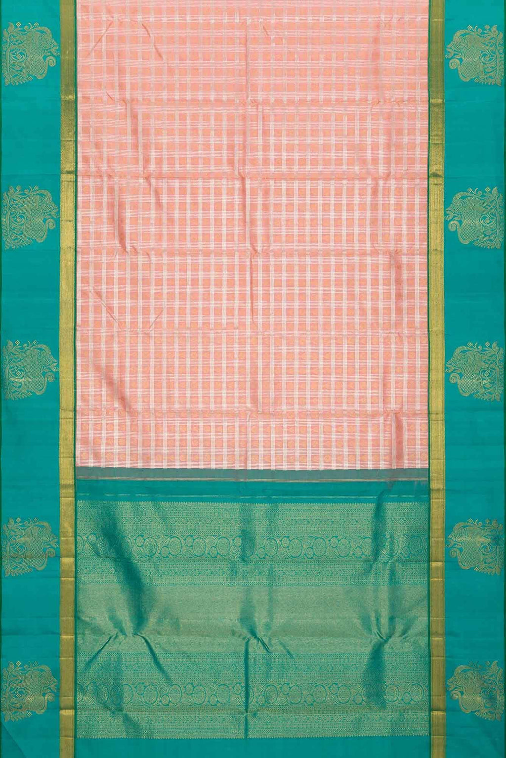Pure Silk Pure Zari Peach Dual Tone Kanchipuram Saree