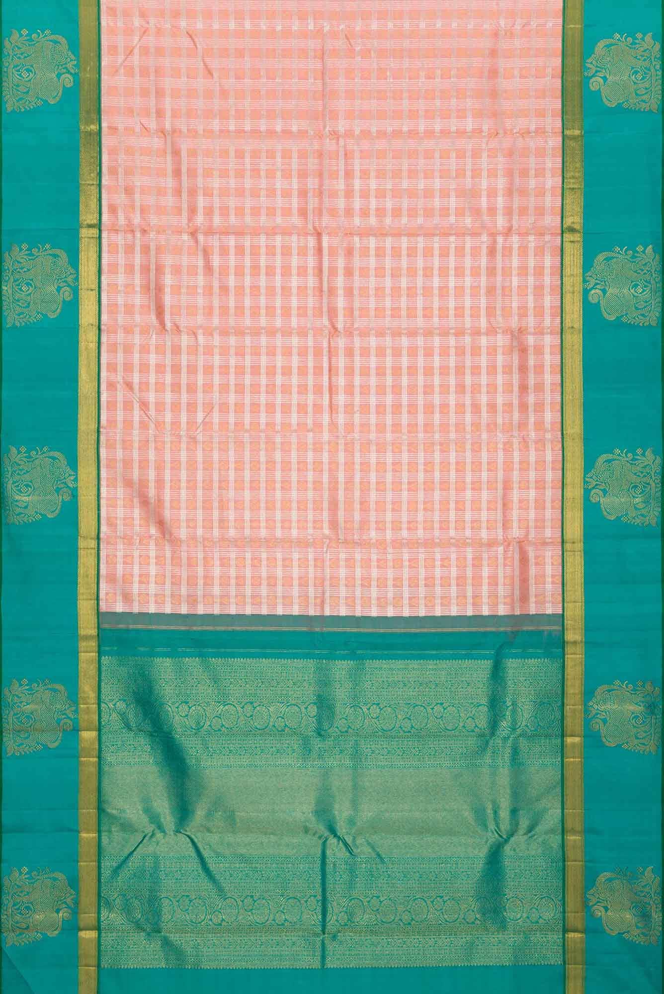 Pure Silk Pure Zari Peach Dual Tone Kanchipuram Saree