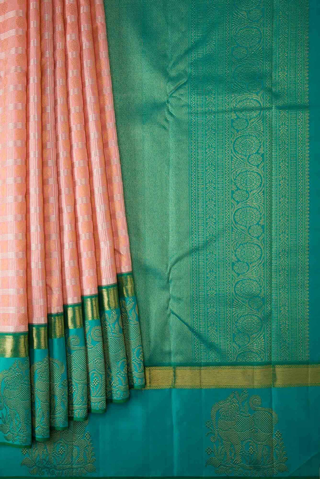 Pure Silk Pure Zari Peach Dual Tone Kanchipuram Saree