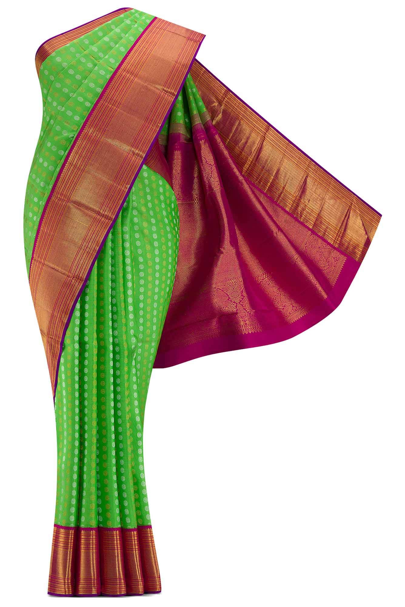 Pure Silk Pure Zari Parrot Green Dual Tone Kanchipuram Saree