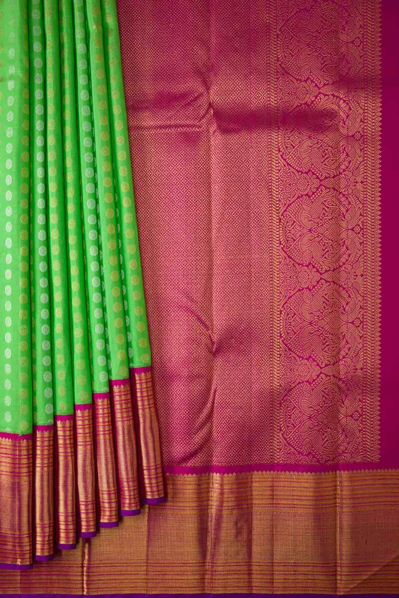 Pure Silk Pure Zari Parrot Green Dual Tone Kanchipuram Saree