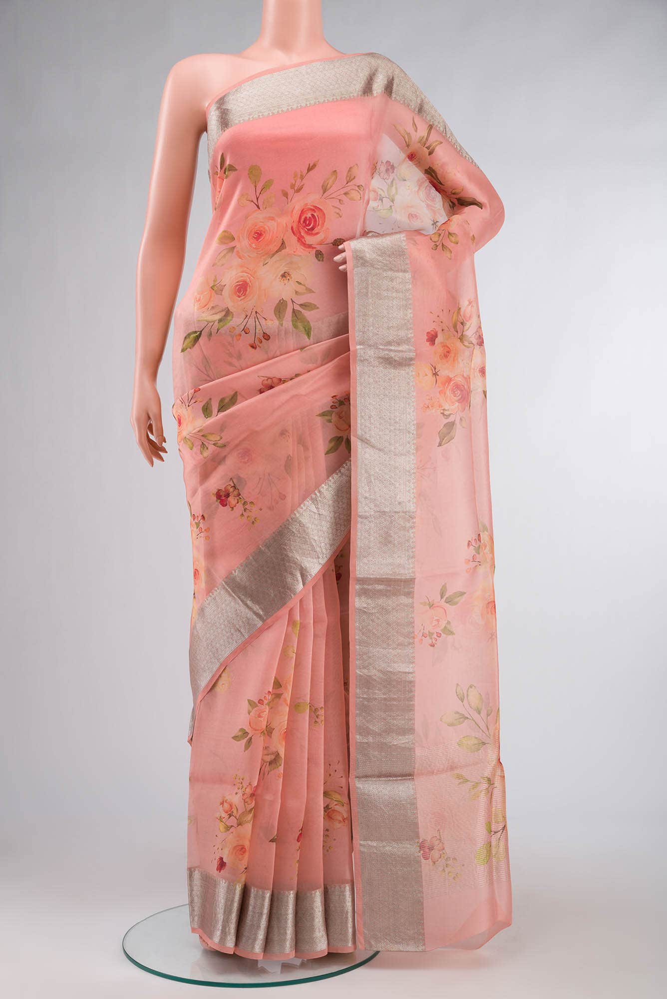 Coral Organza Silk Saree