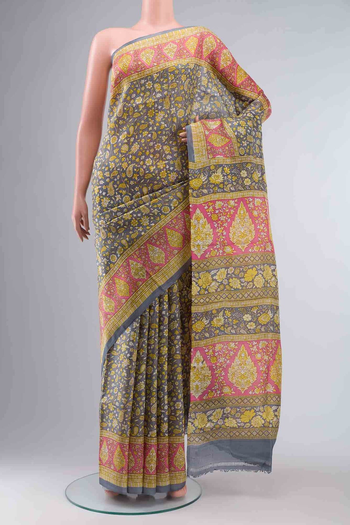 Grey Printed Silk Saree