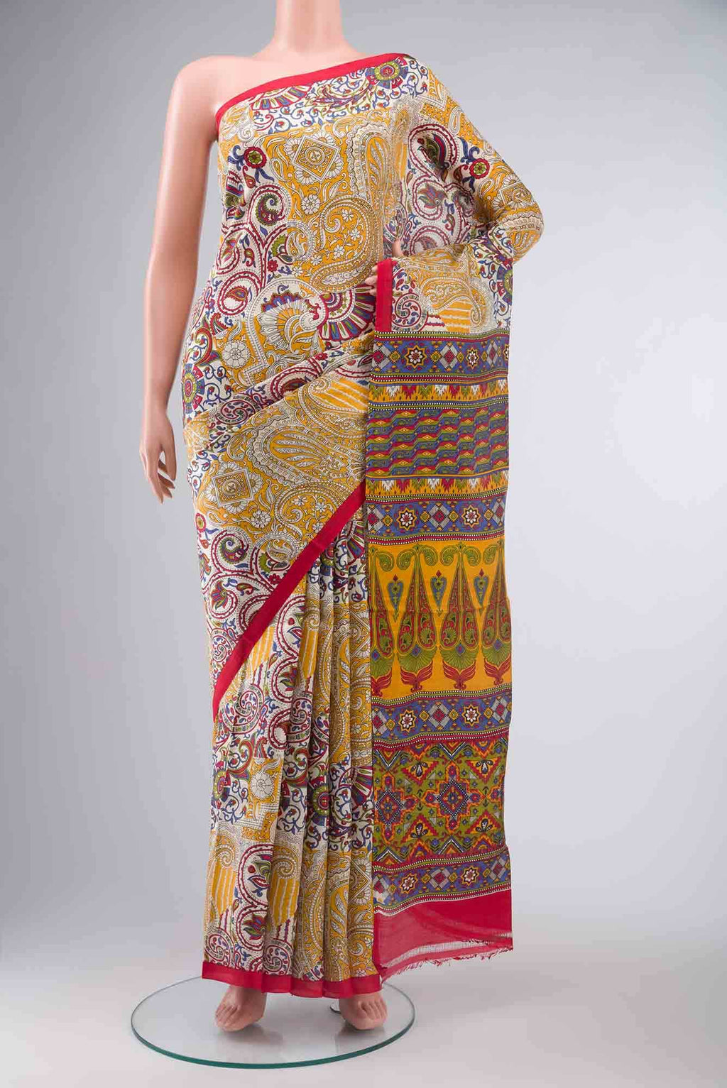 Cream Printed Silk Saree