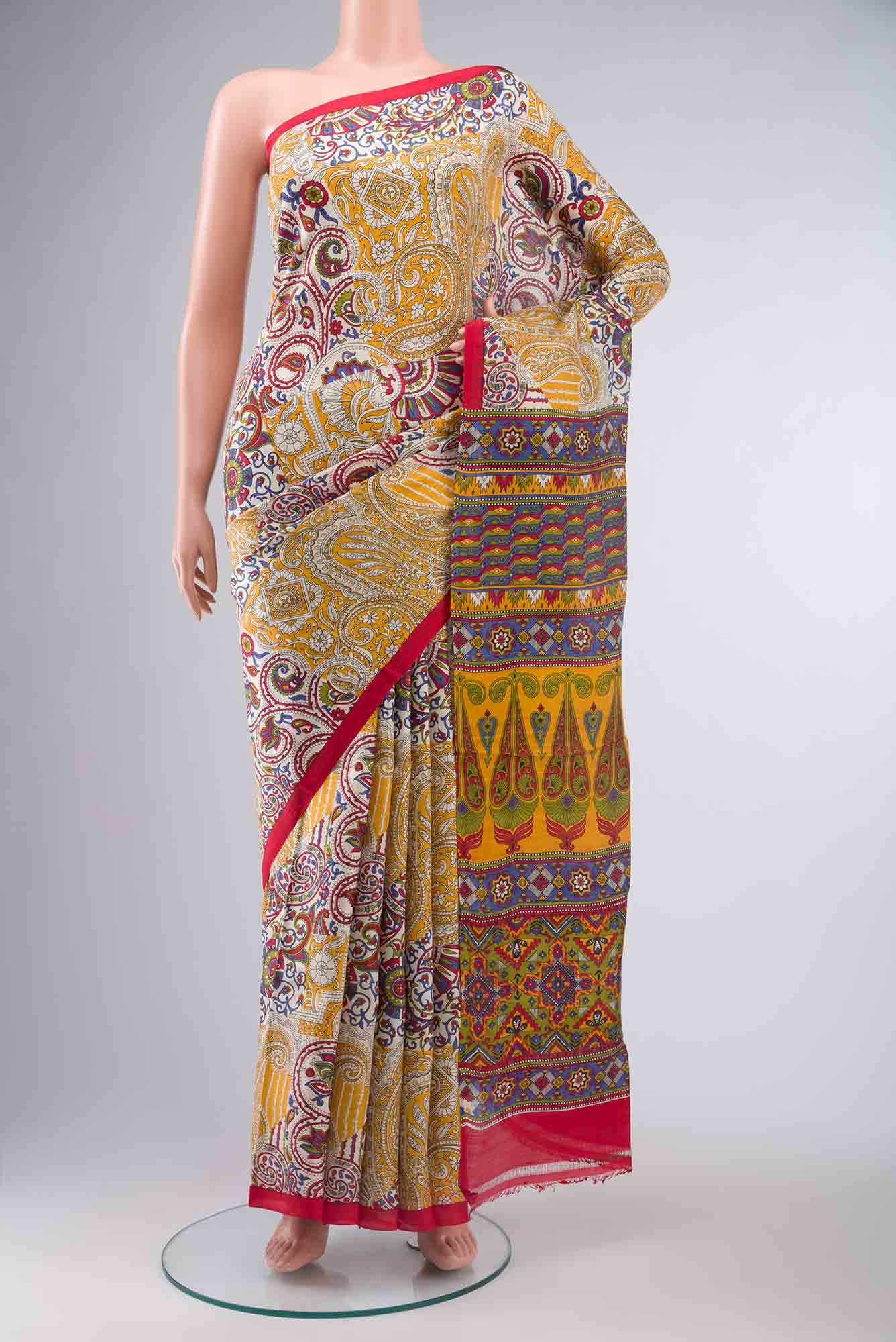 Cream Printed Silk Saree