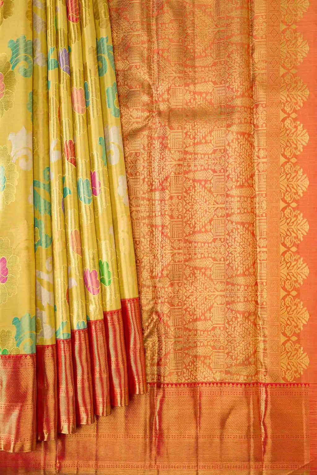 Pure Silk Pure Zari Yellow Dual Tone Kanchipuram Tissue Saree