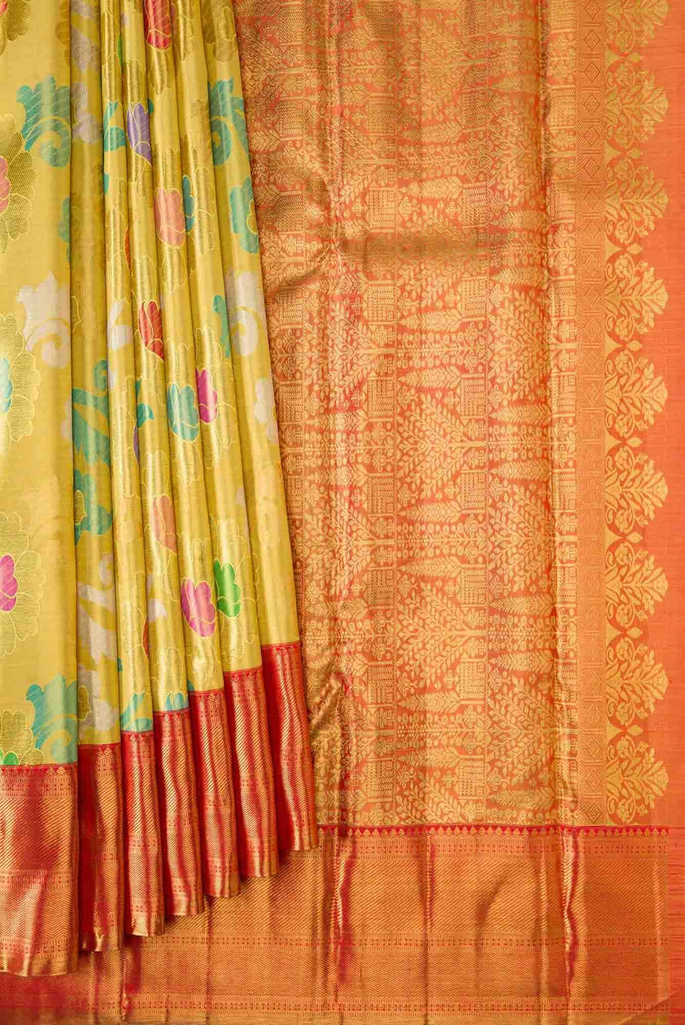 Pure Silk Pure Zari Yellow Dual Tone Kanchipuram Tissue Saree