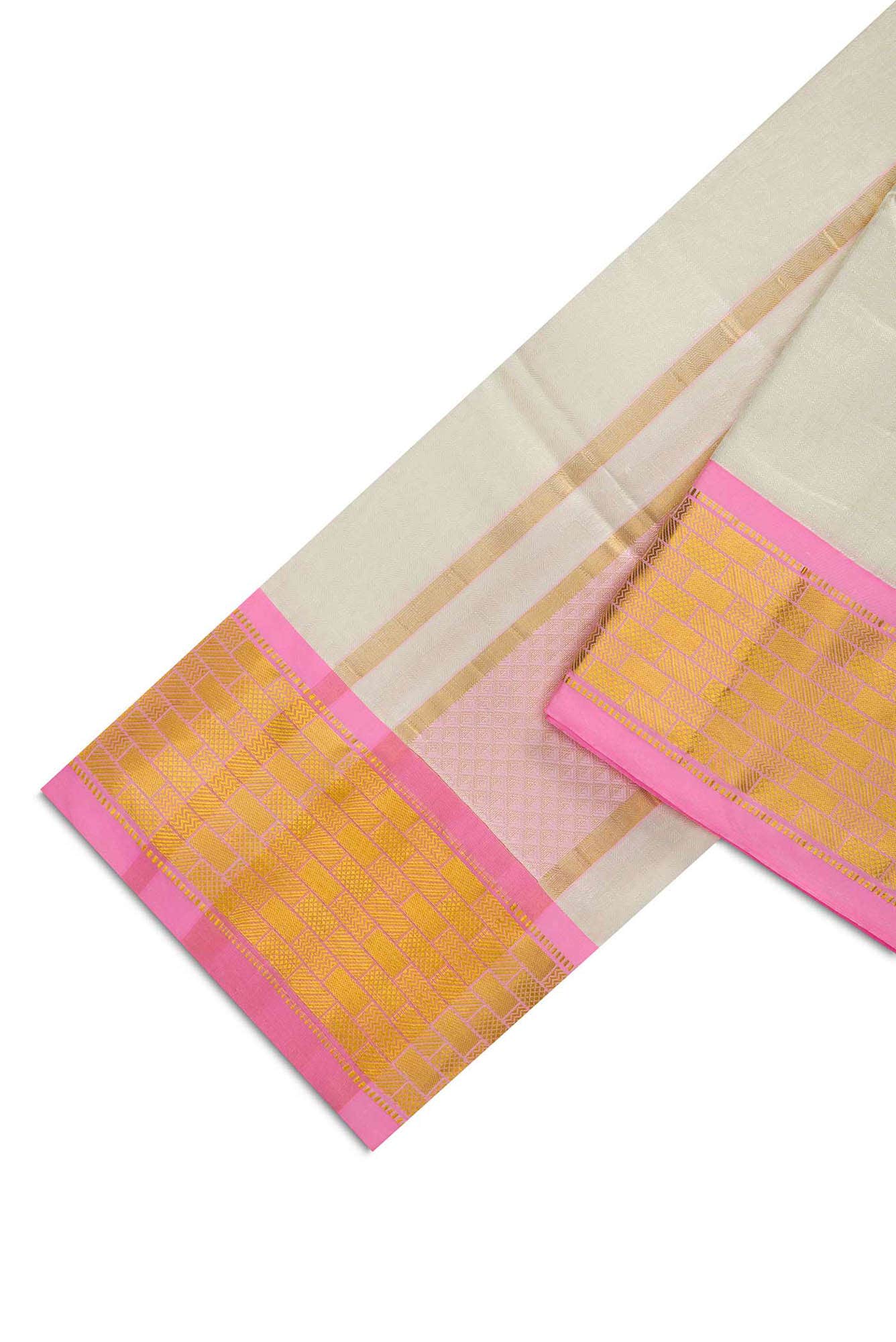 Cream Silk Dhoti With Angavastram (8X4) Muzham