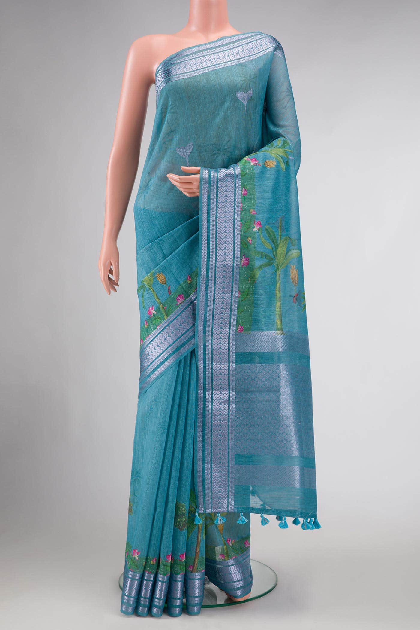Blue Blended Linen Saree