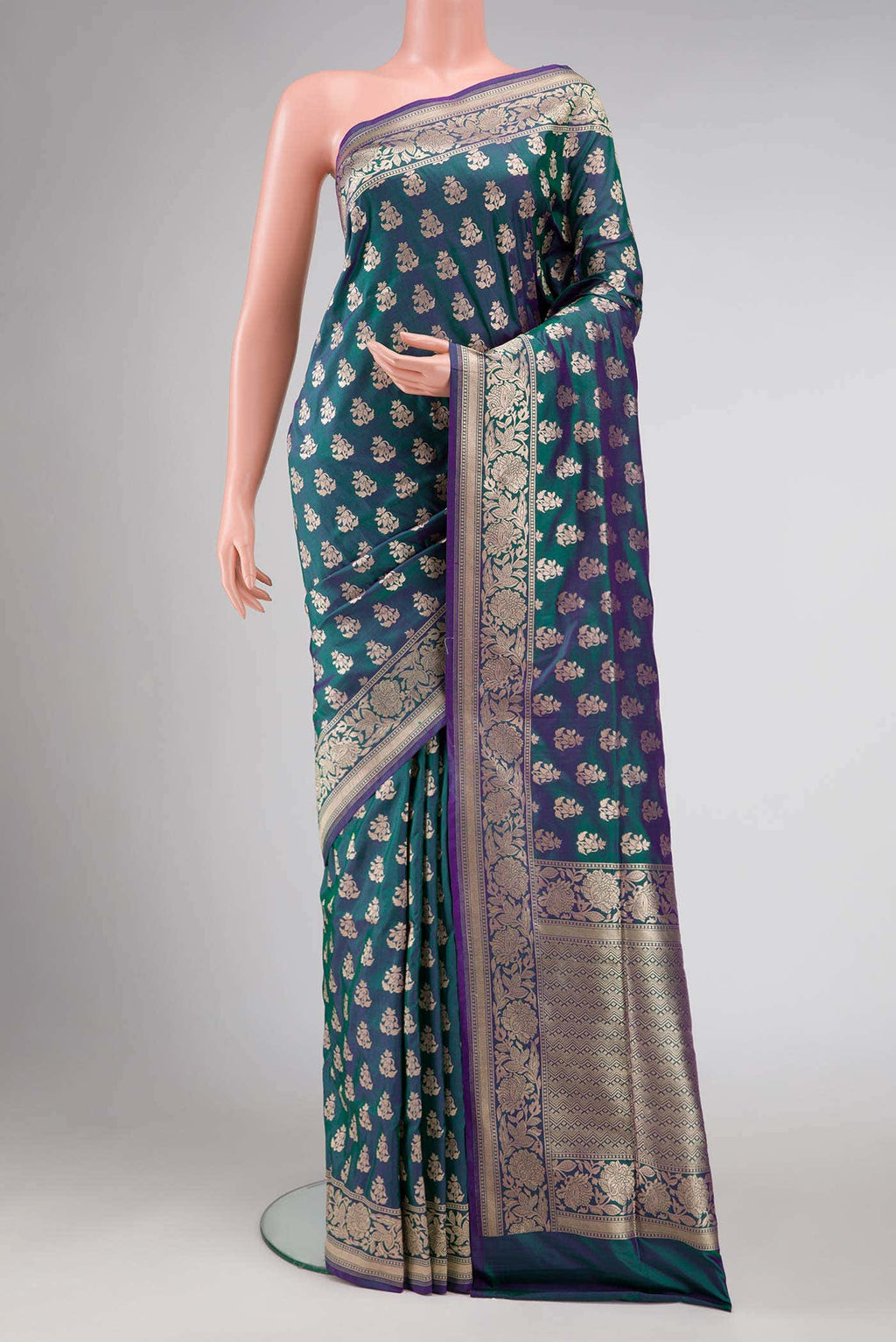 Peacock Blue Dual Tone Banarasi Silk Saree