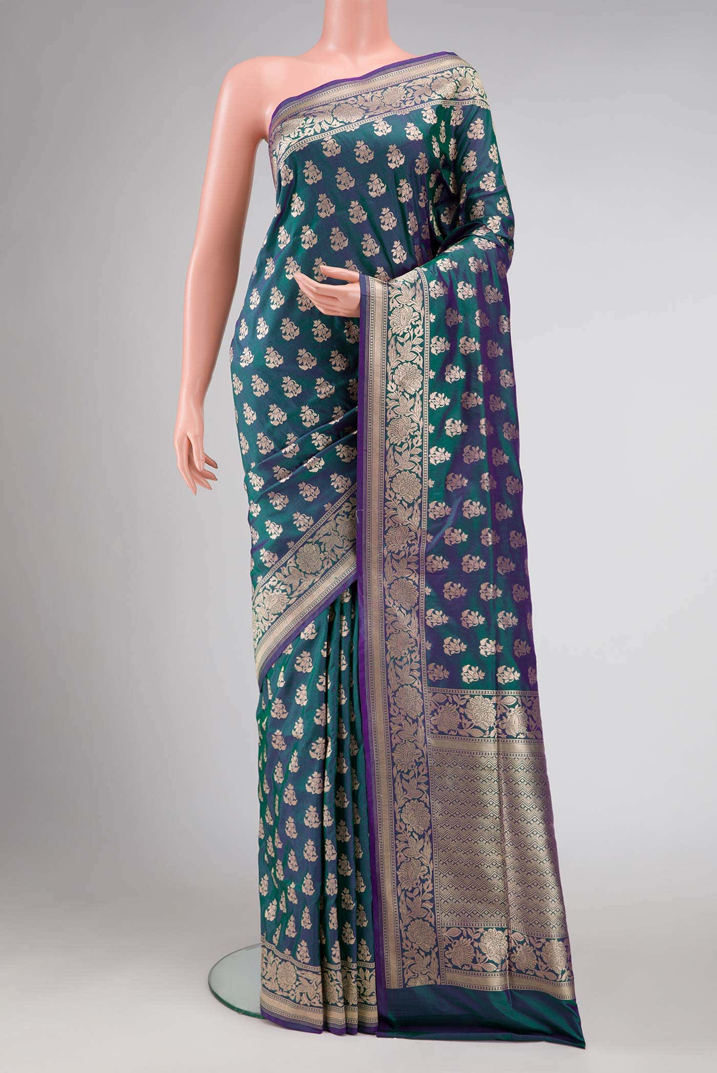 Peacock Blue Dual Tone Banarasi Silk Saree