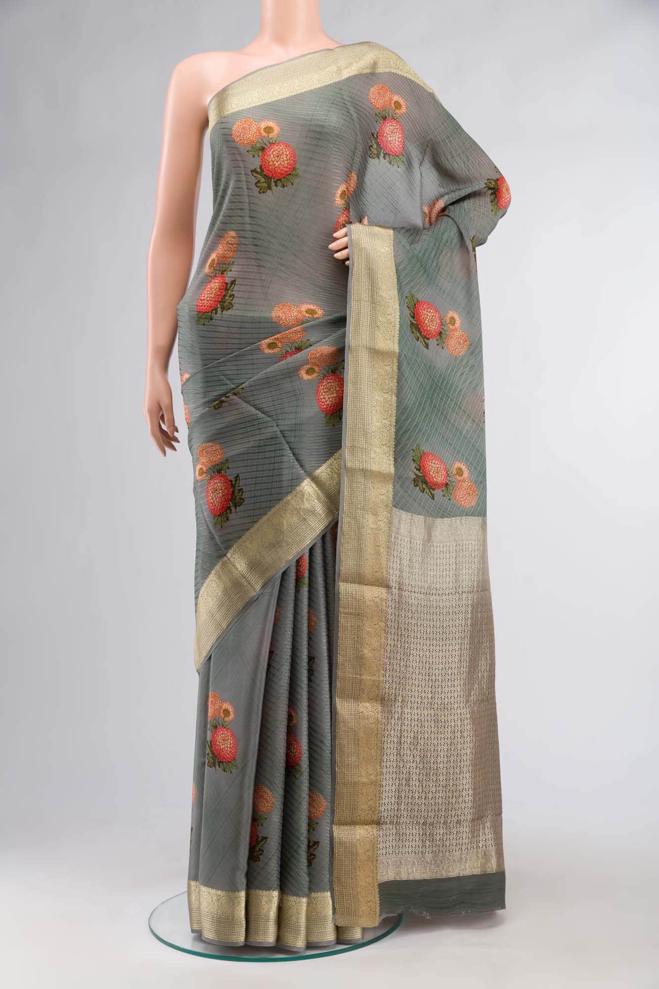 Grey Mysore Crepe Saree