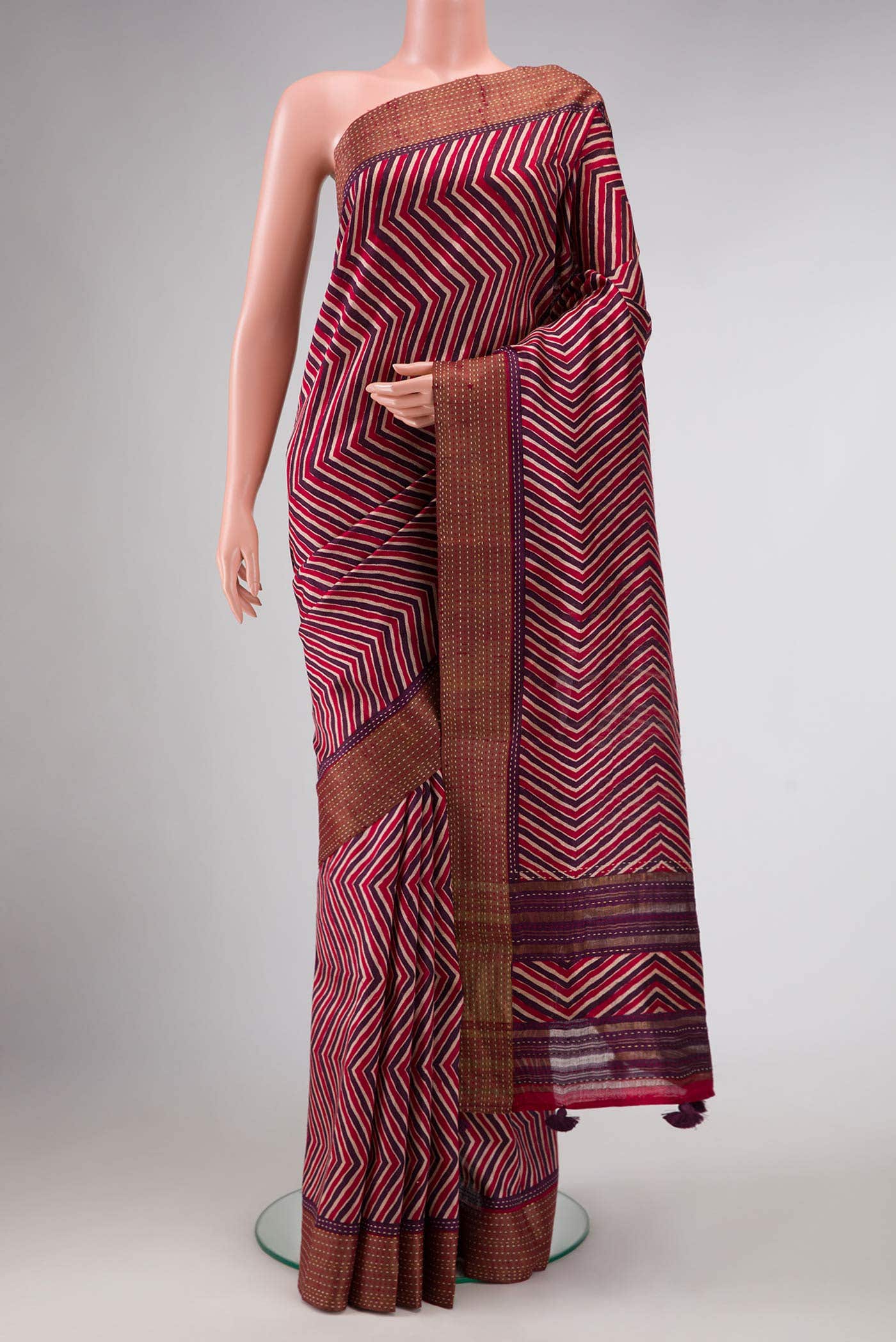 Pure Silk Pure Zari Maroon Off White and Burgundy Dual Tone Tussar Saree