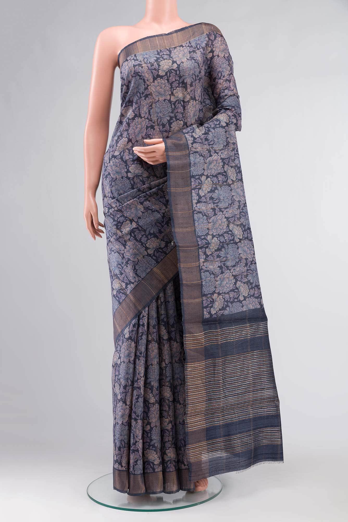 Navy Blue Bhagalpuri Tussar Silk Saree