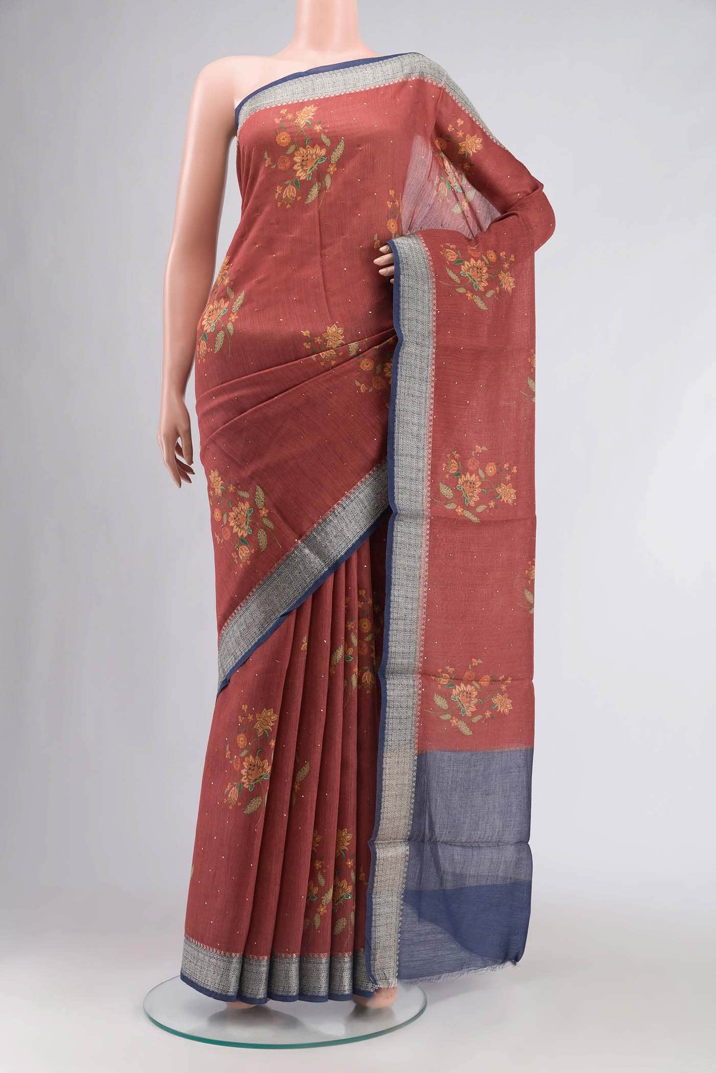 Rust Tussar Silk Saree