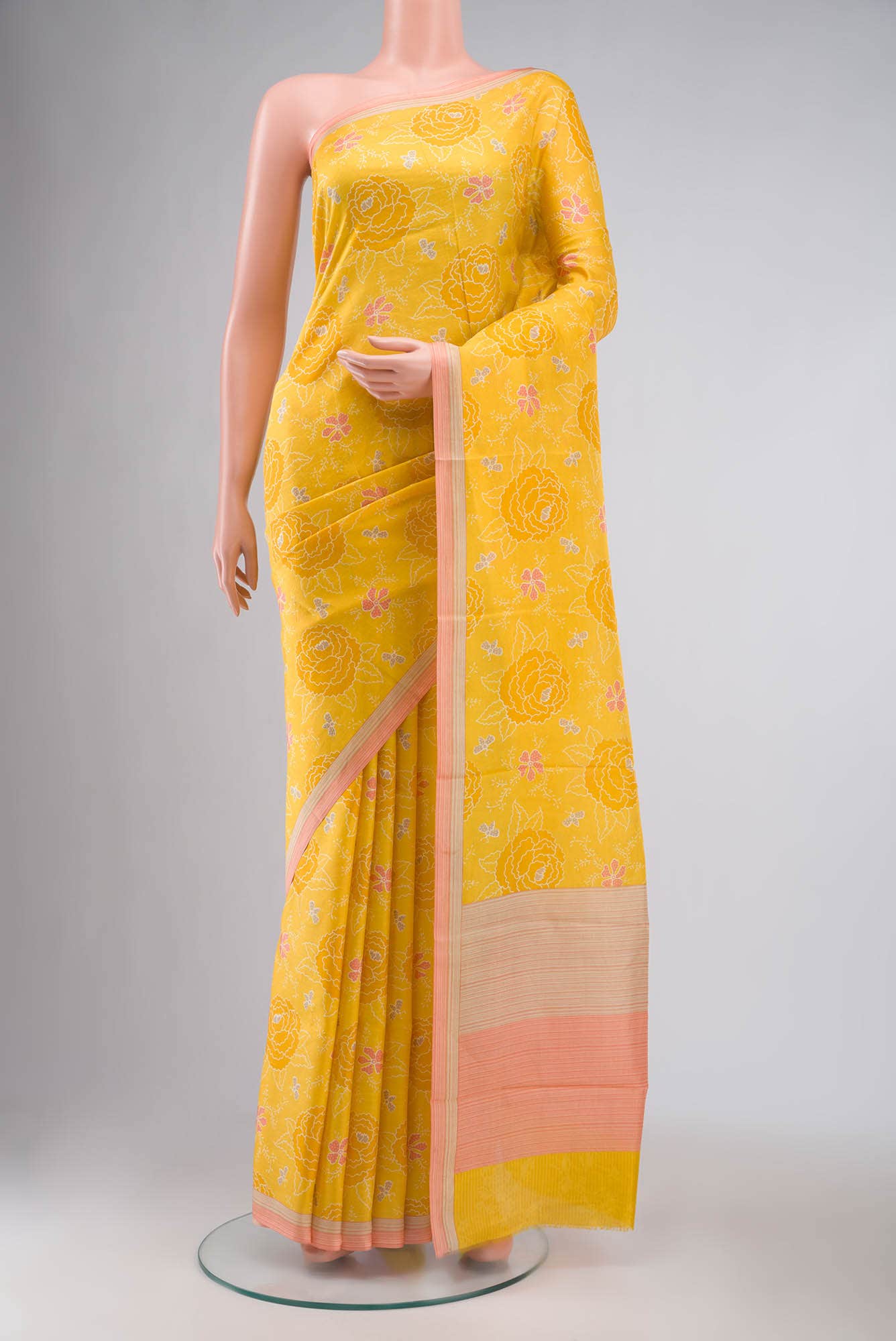 Yellow Printed Silk Saree