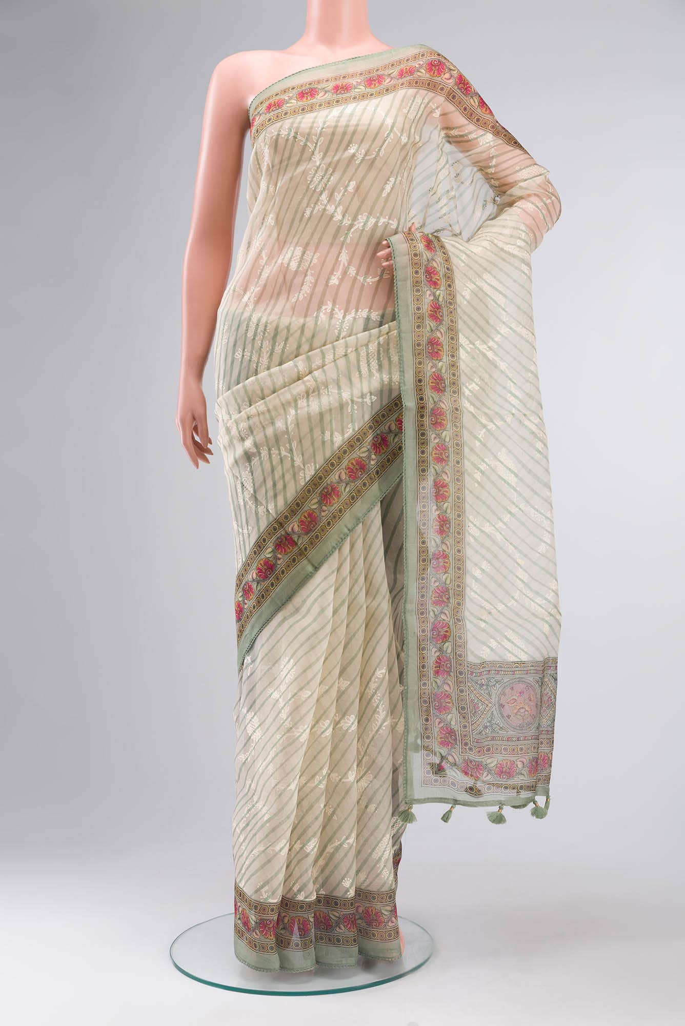 Cream Organza Silk Saree