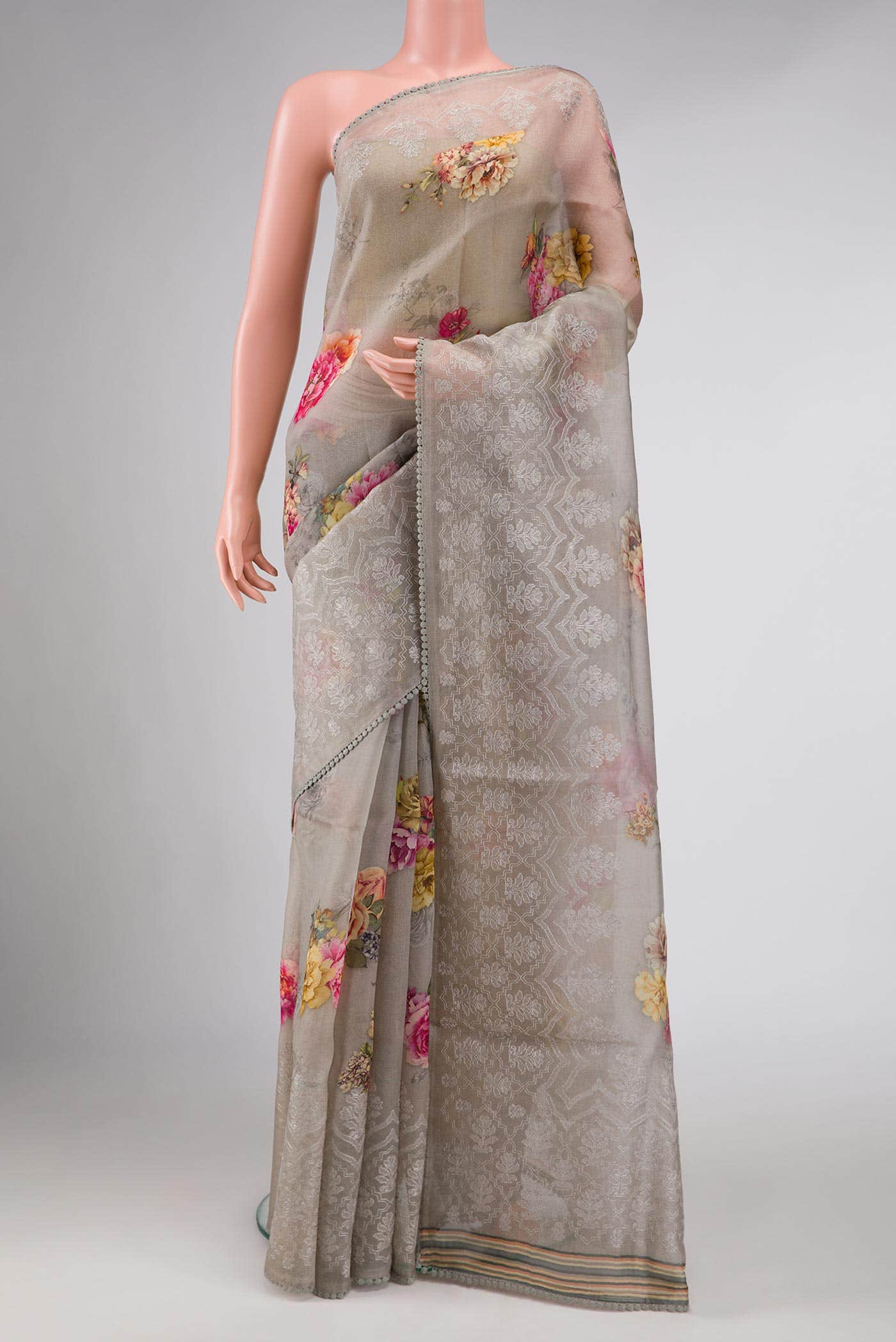 Grey Organza Silk Saree