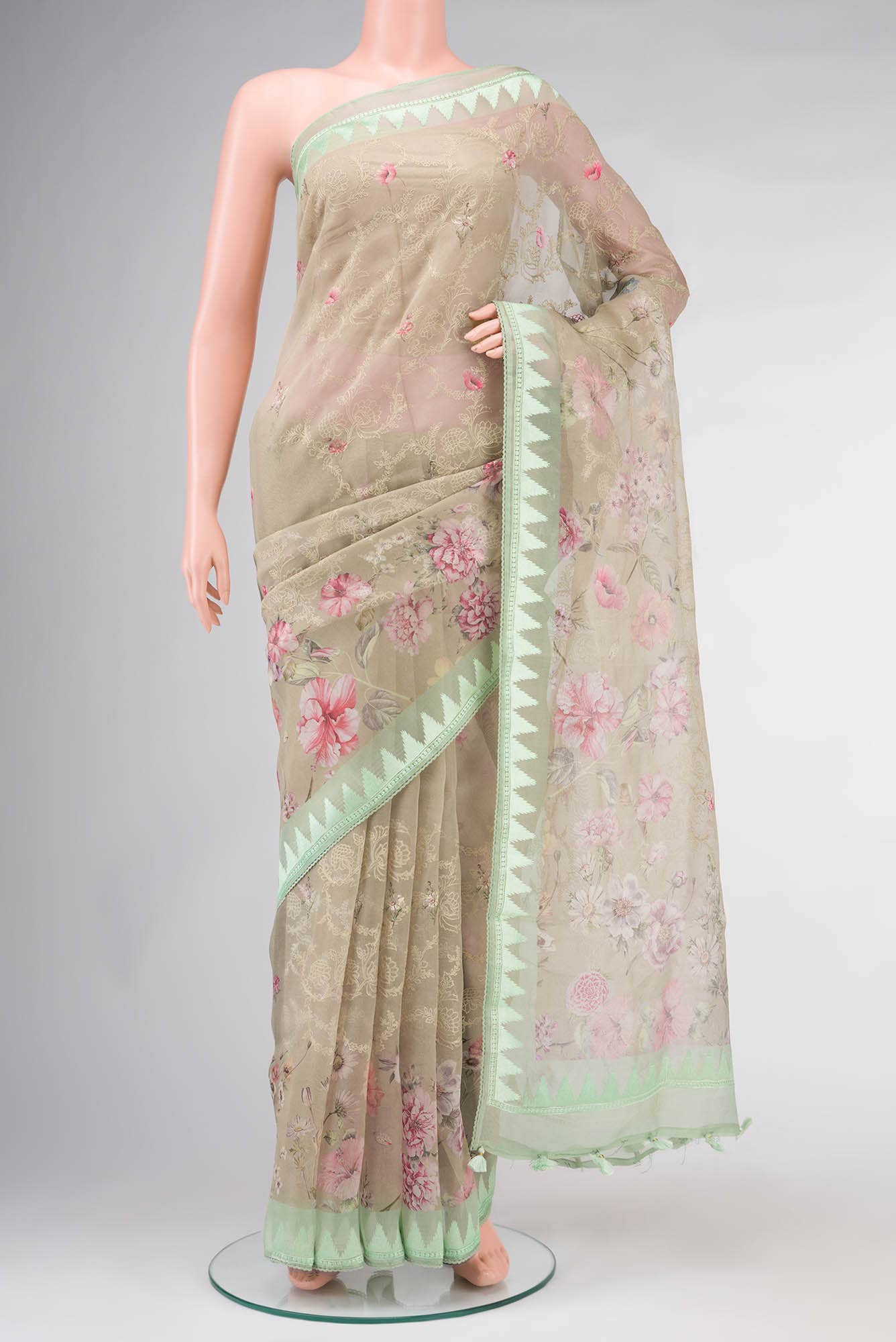 Beige Organza Silk Saree