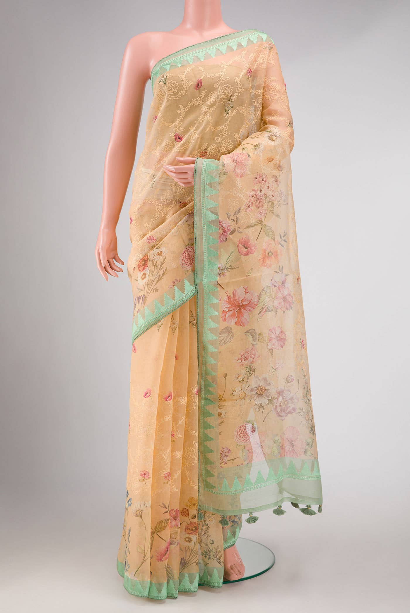 Golden Peach Organza Silk Saree