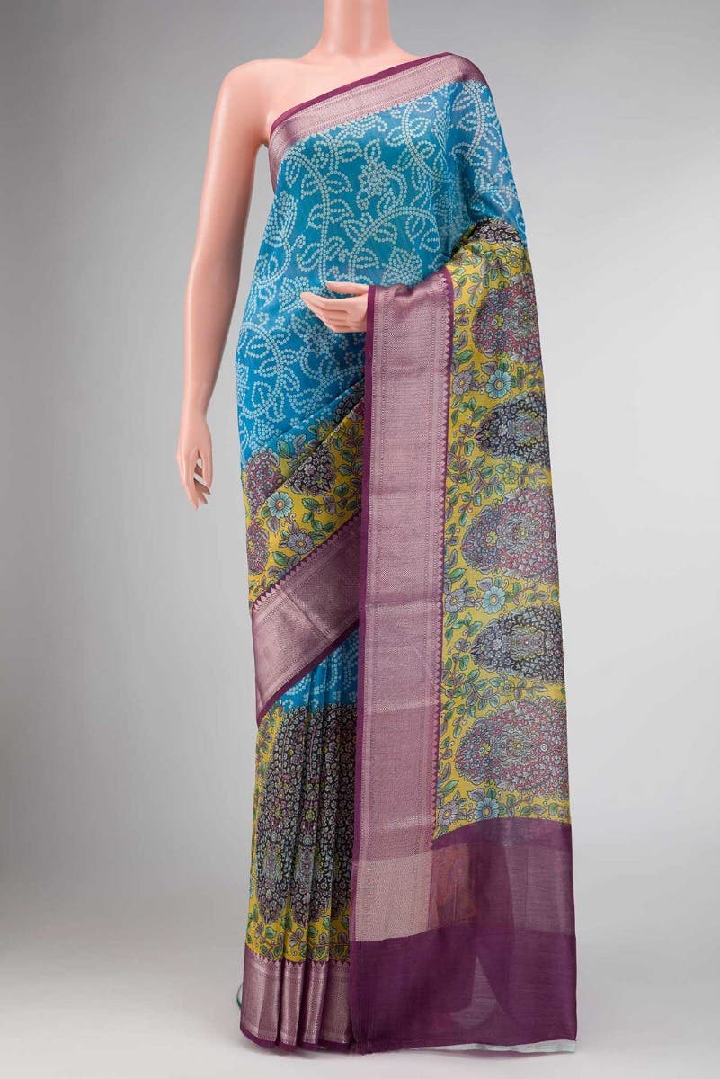 Sky Blue and Yellow Dual Tone Chanderi Silk Saree