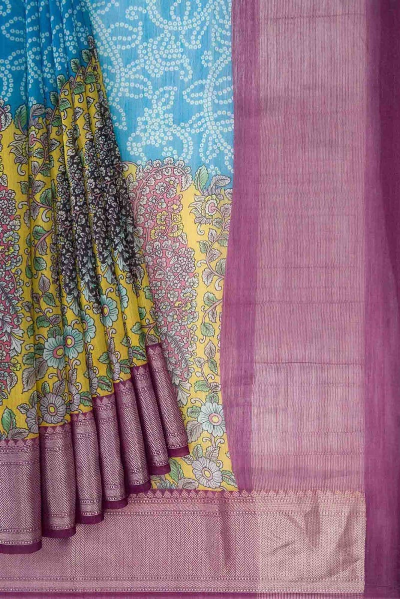 Sky Blue and Yellow Dual Tone Chanderi Silk Saree